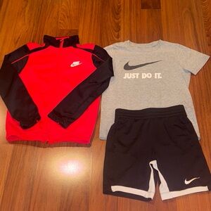 Nike Boys Athletic Set Bundle Small 7/8 Shorts T Shirt Jacket Red Black Grey